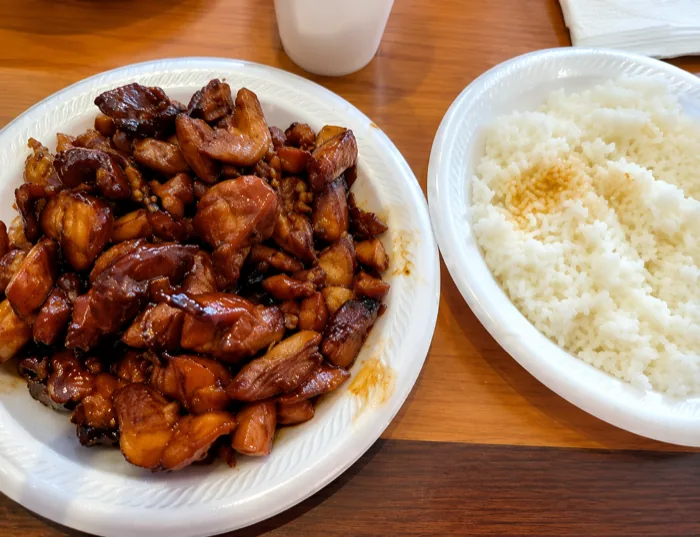 Bourbon chicken at China Dragon — wok-tossed chicken in bourbon-style glaze