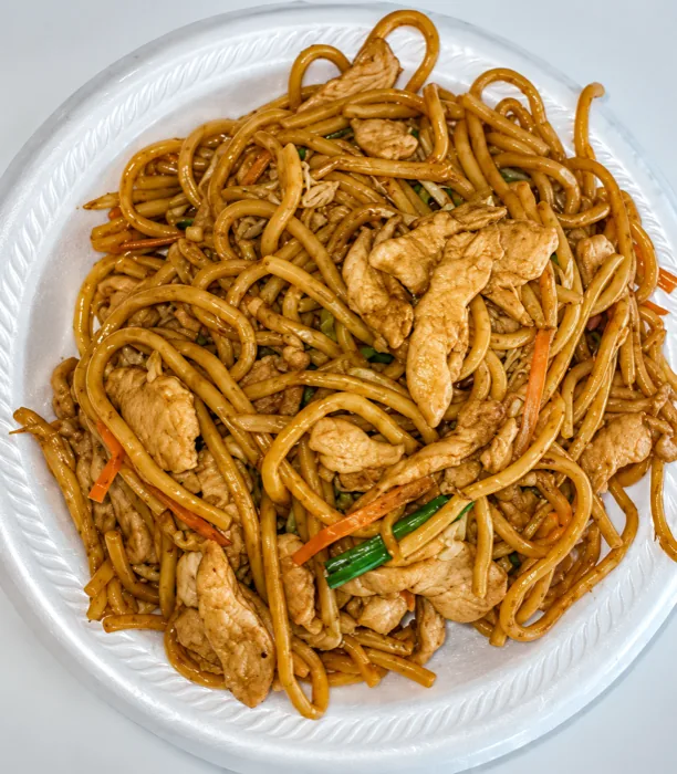 Chicken lo mein at China Dragon — soft egg noodles tossed with chicken and vegetables