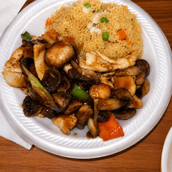 Chicken with mushroom at China Dragon — chicken stir-fried with mushrooms in brown sauce