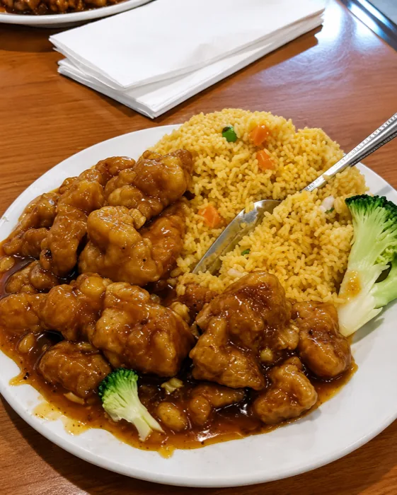 General Tso's chicken — crispy battered chicken in sweet sauce at China Dragon, Concordia MO