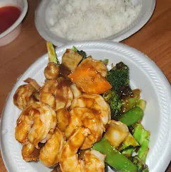 Shrimp with seasonal vegetables stir-fried at China Dragon, Concordia MO