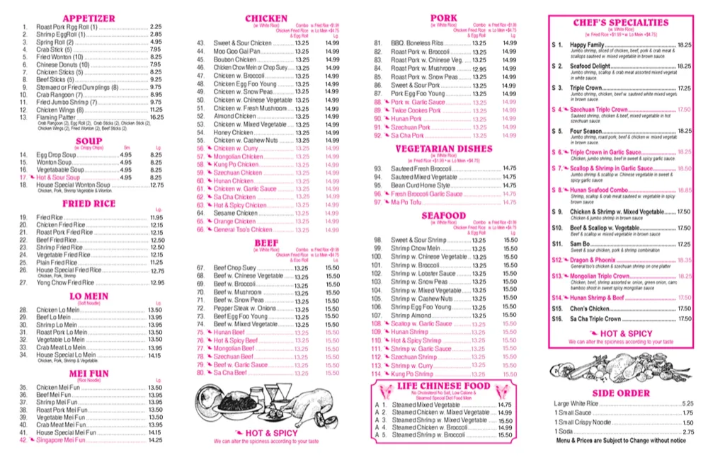 Back of the China Dragon paper menu, chicken, beef, pork, seafood, vegetable, chef's specialties, sides