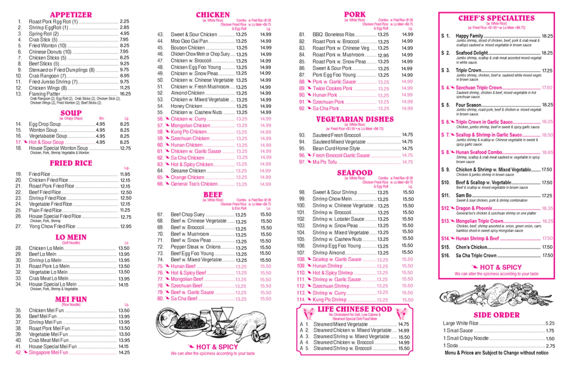 China Dragon menu — back page with chicken, beef, pork, seafood, vegetable, chef's specialties, and sides.